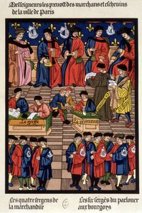 O tráfego comercial parisiense: os prevotos dos comerciantes e echevins, o transplante, o receptor, o procurador, o balconista, os sargentos da mercadoria... - o fac-símile de uma miniatura da Idade Média de French School