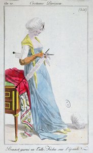 Traje parisiense: touca enfeitada com tule, fichu nos ombros, 1802 de French School
