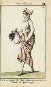 Loja-menina parisiense em vestido casual de manhã, 26 de Março de 1798 (gravura em chapa de cobre colorida à mão) de French School