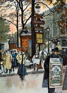 Cena parisiense de rua perto da estação de metro do Palais-Royal, c.1900 (cor litho) de French School