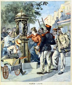 Parisienses bebendo ao redor de uma fonte Wallace - no "Le Petit Journal" de 19/08/1900 (gravura) de French School