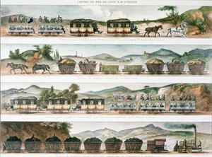 Passageiros e carga na primeira linha francesa aberta entre Lyon e St. Etienne, 1829 (cor lito) de French School