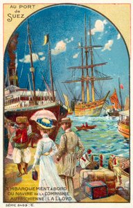 Passageiros a bordo de um navio da linha austríaca Lloyd no porto de Suez, Egipto (chromolitho) de French School