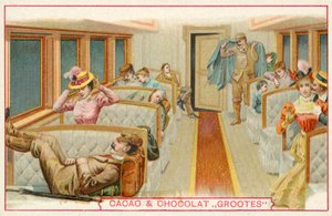 Passageiros em um vagão ferroviário (chromolitho) de French School
