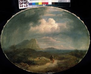 ""Paisagem Italiana"" Paisagem à beira-mar em clima de tempestade com um casal andando em uma estrada. Pintura da escola francesa do início do século XIX. Museu de Arte Mikhail Kroshitsky, Sevastopol (Sevastopol) Ucrânia de French School