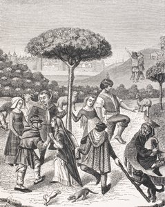 Danças camponesas das festas de maio, depois de uma miniatura em um livro de orações do século 15, de "Le Moyen Age et La Renaissance", de Paul Lacroix (1806-84), publicado em 1847 de French School