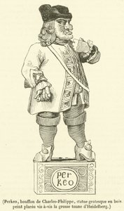 Perkeo, bobo de Charles-Philippe, estátua grotesca em madeira pintada colocada em frente à grande ton de Heidelberg (gravura) de French School