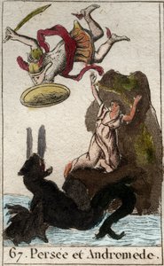 Representação Persee vindo ao resgate de Andromede encadeado a uma rocha (Perseus salva Andromeda encadeado a uma rocha) de "Mythologie de la jeunesse" de Pierre Blanchard 1803. de French School