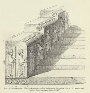 Persepolis, Detalhe da parede de parapeito da escadaria do palácio nº 2 (gravura) de French School