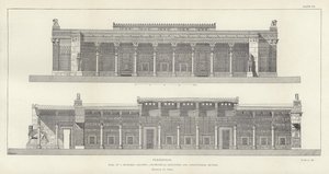 Persépolis, Hall das Cem Colunas, elevação geométrica e seção longitudinal, restaurada por Ch Chipiez de French School