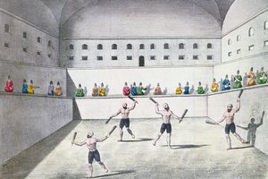 Atletas persas exercitar em um ginásio, c.1820 (gravura de cor) de French School