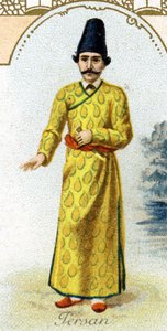 Homem persa . Edição da litografia parisiense, final do século XIX. Série de 25 cromos publicitários para a fabricação Dijon de Biscoitos Pernot, criada em 1869. Detalhe dos personagens em traje tradicional. de French School
