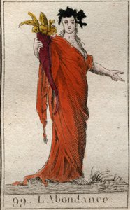 Personificação da Abundância, segurando um chifre de abundância. Personificação da abundância, segurando uma cornucópia. Da "Mitologia da Juventude", de Pierre Blanchard 1803. de French School
