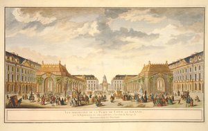 Vista em perspectiva da Place de Louis le Grand com os quartos construídos para a ocasião do casamento de Monseigneur le Dauphin (gravura a cores) de French School