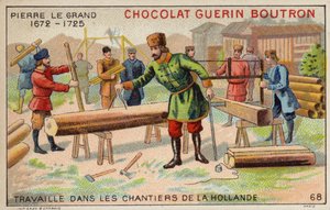 Pedro o Grande a trabalhar nos estaleiros da Holanda (chromolitho) de French School