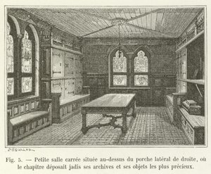 Pequena sala de carree localizada acima da varanda lateral direita, onde o capítulo uma vez depositou seus arquivos e seus objetos mais preciosos de French School