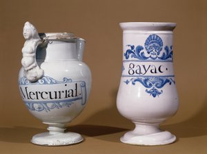 Frascos Farmacêuticos para Mercurial e Gayac, dois medicamentos utilizados no tratamento da sífilis, final do século XVII ou início do século XVIII (cerâmica) de French School