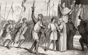 Filipe I (1052-1108) e o papa Urbano II (c. 1035-99) reuniram seguidores para a Primeira Cruzada em 1095, de &39;Histoire de France&39; de Colart, publicado em 1840 de French School