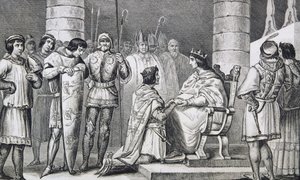Filipe VI (1293-1350) de Valois presta homenagem a Eduardo III (1312-77) da Inglaterra, mas apenas como Duque de Aquitânia, de &39;Histoire de France&39; de Colart, publicado em 1840. de French School
