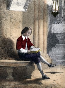 Pierre Gassendi (1592 - 1655): sentado sob a lâmpada suspensa da voîte (da igreja), ele começou a ler - em “” Les enfants illustres - contos históricos ”” ”de Madame Eugenie Foa de French School