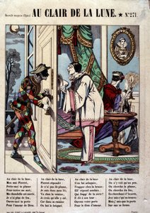Pierrot, Arlequim e o vizinho, doentes. da canção "Au clair de la lune", imagem de Epinal de French School
