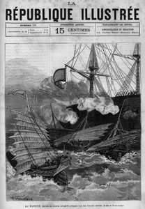 Pirataria: o navio de guerra Annamite "La Magune" atacado por piratas chineses. Um jornal. Gravura de 1880 na colecção privada "La republique illustree". de French School