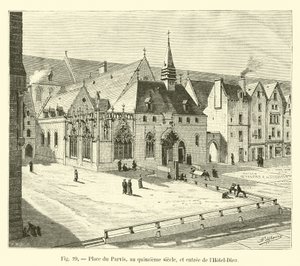 Place du Parvis, no século XV, e entrada para o Hotel-Dieu de French School