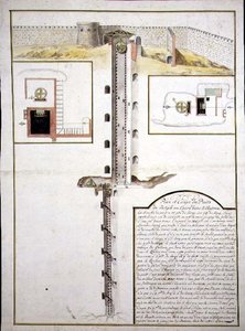 Plano e secção transversal de um Poço, c.1700 (aguarela sobre papel) de French School