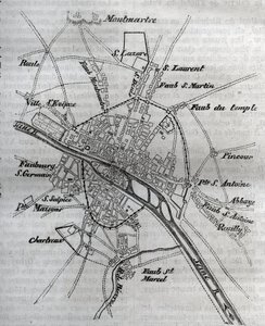Plano de Paris sob Henri III (1580) Gravação em "Histoire physique, civile et morale de Paris: depuis les premiers temps historiques à nos jours" de Jacques Antoine Dulaure de French School