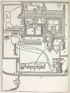 Plano do Mosteiro Beneditino de Canterbury no século XII, da Vida Militar e Religiosa na Idade Média de Paul Lacroix, publicado em Londres c.1880 de French School