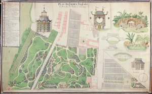 Plano do Jardim Paisagístico Inglês do Duque de Praslin em Neuilly-sur-Seine, 1788 (caneta e tinta e wc no papel) de French School
