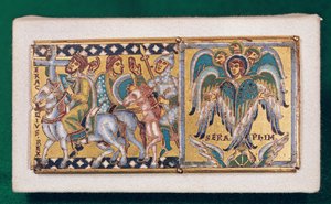 Placa representando Heráclio (c.575-641) e a Visão de Ezequiel, Escola Mosane (esmalte pintado) de French School