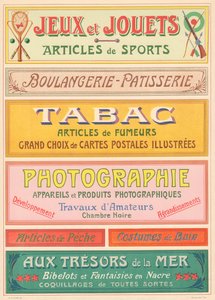 Placa n° 20: Modelos de sinalização para pintor de letras Art Nouveau (Jogos e brinquedos, Padaria-Pastelaria, Tabaco, Fotografia). de French School