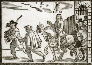 Panfletos políticos Mazarinade: Mazarin foge de Paris a cavalo, no meio da noite, precedido por dois manobristas com lanternas. Madeira gravada 1651 de French School