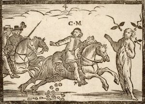 Panfletos políticos Mazarinade: Mazarin em seu vôo cai ecus: a sombra de Concini, Marechal de Âncora, está diante dele. Madeira gravada 1651. de French School