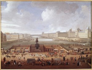 Pont-Neuf, Paris, vista da entrada da Place Dauphine mostrando o Colégio 4 Nações, Quai Malaquais e Louvre (óleo sobre tela de French School