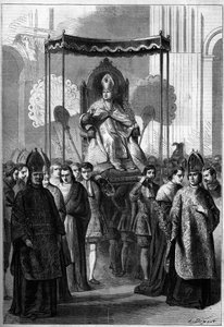 O Papa Pio IX (1792-1878) leva-o em procissão à Igreja de São Pedro em Roma (Itália) no Domingo de Ramos de 1861. Gravura no "Le Monde Illustré" n°209 de 13 de Abril de 1861. de French School
