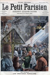 A crença popular na Rússia: os fiéis reunidos em uma igreja para se reunirem no momento da doença do czar, estão engajados na cerimônia das 80 velas. Aqueles que não queimaram após duas horas, indicam o número de anos restantes para viver no soberano de French School
