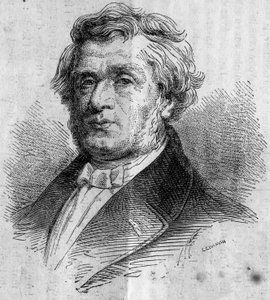 Retrato de Alphonse Lavallee (1791-?), empresário de Nantes, fundador da Ecole Centrale des Arts et Manufactures (ou Ecole Centrale Paris) que forma engenheiros. Gravura em "Le Monde Illustre" n°346 de 28 de Novembro de 1863. de French School
