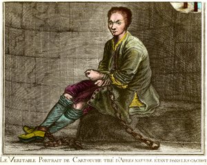 Portrait en pied de Louis Dominique Cartridge (1693-1721), ladrão francês em seu calabouço Gravura do século XVIII Coleção particular de French School