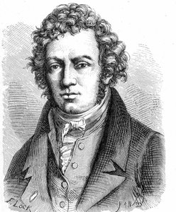 Retrato de André Marie Ampère (1775 - 1836), físico francês - no "Album de la Science; cientistas ilustres; Grandes descobertas" 1896. de French School