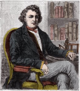 Retrato de André Marie Ampere (1775-1836), físico francês - Andre-Marie Ampere (1775-1836), físico francês e pioneiro da eletrodinâmica - Gravura em "Sciences mise à la range de tous - physique et chimie populaires" de Alexis Clerc - Final 19 ce de French School