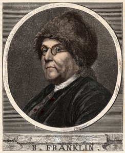 Retrato de BENJAMIN FRANKLIN (1706-1790) Impressor, editor, cientista, inventor, estadista e diplomata americano - Retrato de Benjamin Franklin (1706-1790), físico, filósofo e político americano - Gravura em "Ciências trazidas ao alcance de French School