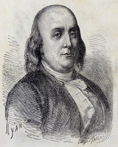 Retrato de Benjamin Franklin (1706 - 1790), político americano, memorialista, panfletário e físico - em "Álbum de Ciências; ilustres estudiosos; Grandes Descobertas" 1896. de French School