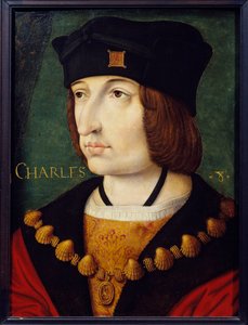 Retrato de Carlos VIII (1470-1498) filho de Luís XI Pintura da Escola Francesa do século XVI por Jean Perreal. Dim. 0,36x0,27 m. Musee Conde, Chantilly de French School