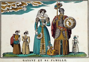Retrato de Gayant, um gigante que simboliza a cidade de Douai, retrata com sua família: sua esposa, Marie Cagenon, e seus três filhos, Jacquot, Fillon e Binbin. Gravura do século XVIII, imagem de Belfort. Coleção Ferrand de French School