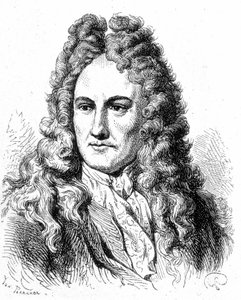 Retrato de Gottfried Wilhelm von Leibniz (1646 - 1716), filósofo e estudioso alemão - em "Album of Science; Ilustres estudiosos; Grandes descobertas" 1896. de French School