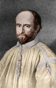 Retrato de Jean Duvergier de Hauranne (1581-1643), Abbe de Saint-Cyran, religioso e teólogo francês Jansenist (Jean du Vergier de Hauranne, Abbe de Saint Cyran (1581-1643) monge francês que introduziu o Jansenismo em França) Gravura de "Les mysteres de French School