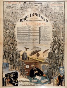 Retrato de Júlio Verne e cenas das suas obras - Cartaz publicitário das suas obras completas de French School