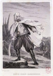 Retrato de Kheir - Eddin - Barbarossa, pirata turco do século XVI - em "Histoire des pirates et corsaires de l